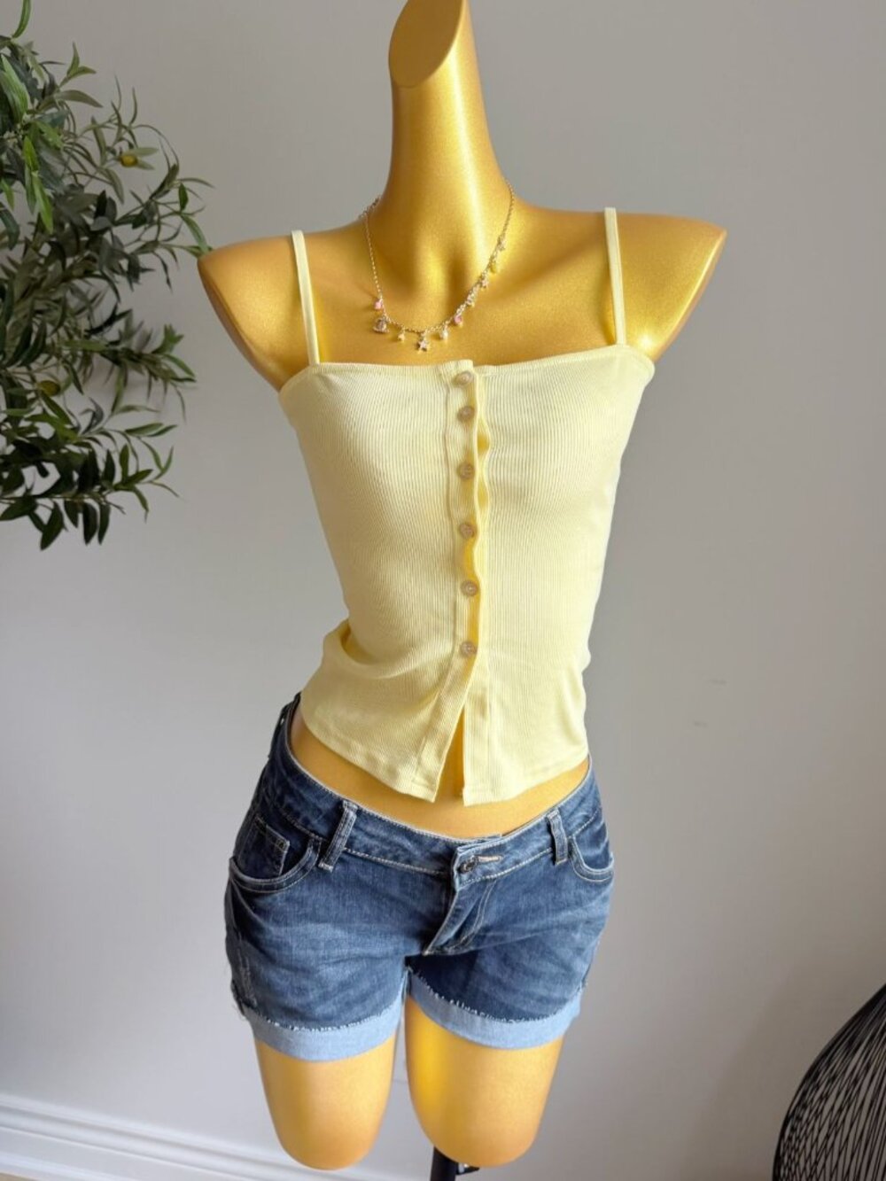 Butter Yellow Ribbed Button Front Cami Top Size S